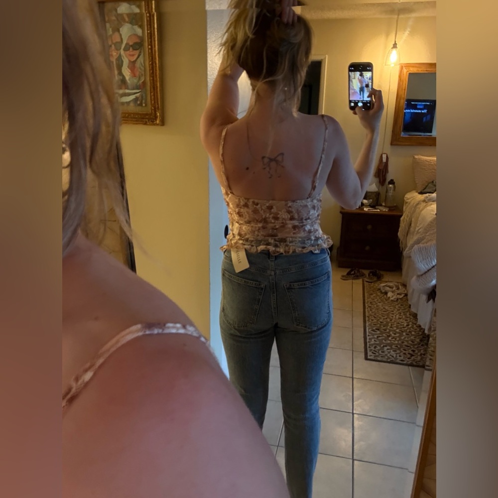 NWOT Floral Lace Cream and Brown Cami Top - Picture 7 of 9